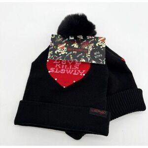 New ED HARDY 2 Beanie Hat Bundle Tiger & Roses + Love Kills Slowly Heart NWT